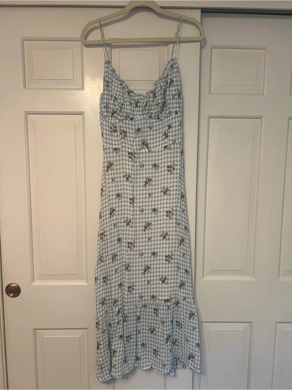 Reformation Light Blue Gingham Floral Maxi Dress